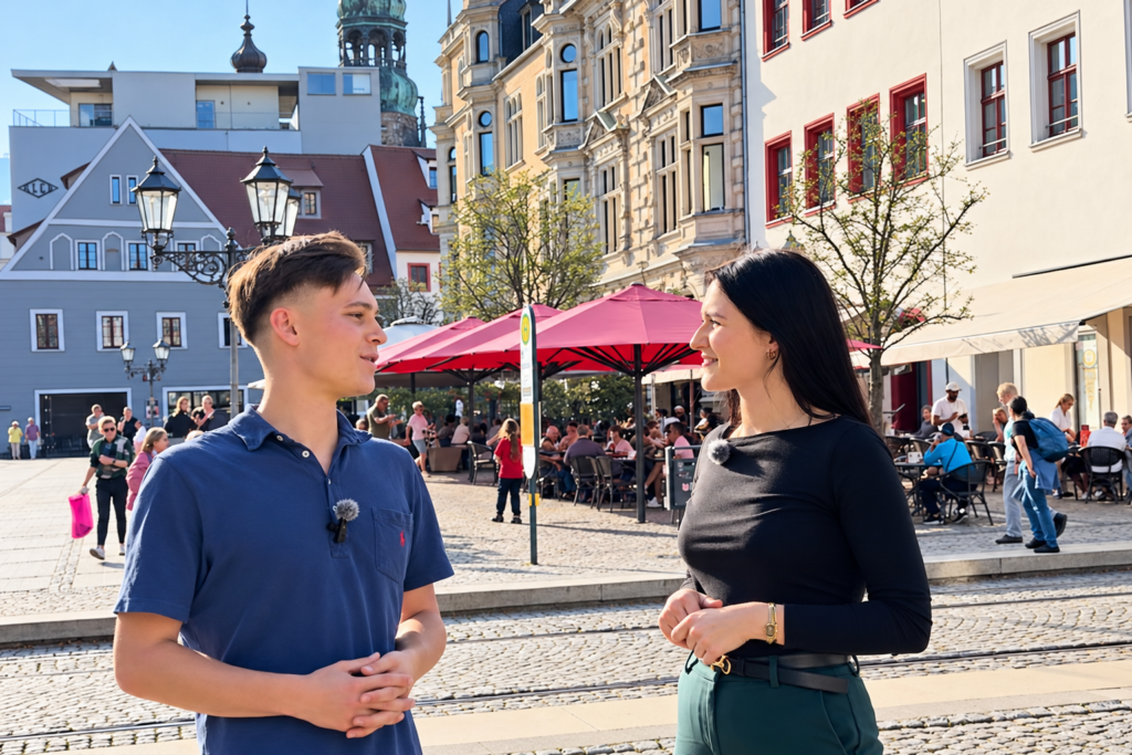 Konrad und Luisa unterhalten sich in der Innenstadt von Zwickau.